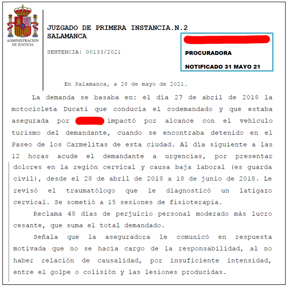 Juzgado de primera instancia N 2 Salamanca - Sentencia: 00133/2021